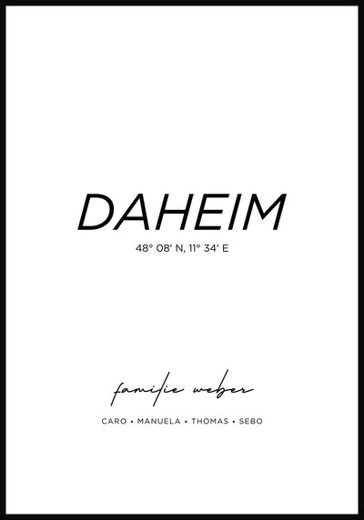 Poster Daheim mit Familiennnamen und Koordinaten