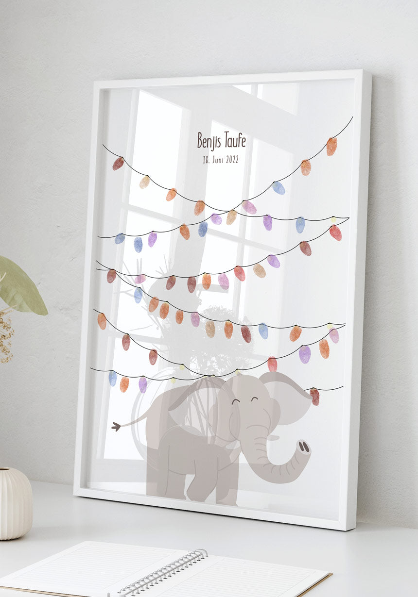 Personalisierbares Fingerabdruck-Poster Elefant für Taufen