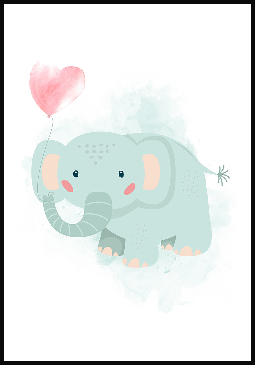 Elefant mit Herzballon Illustration Kinderposter Türkis PAPERLY