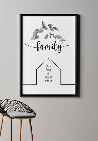 Personalisierbares Familien-Poster mit Eykalpytus an Wand