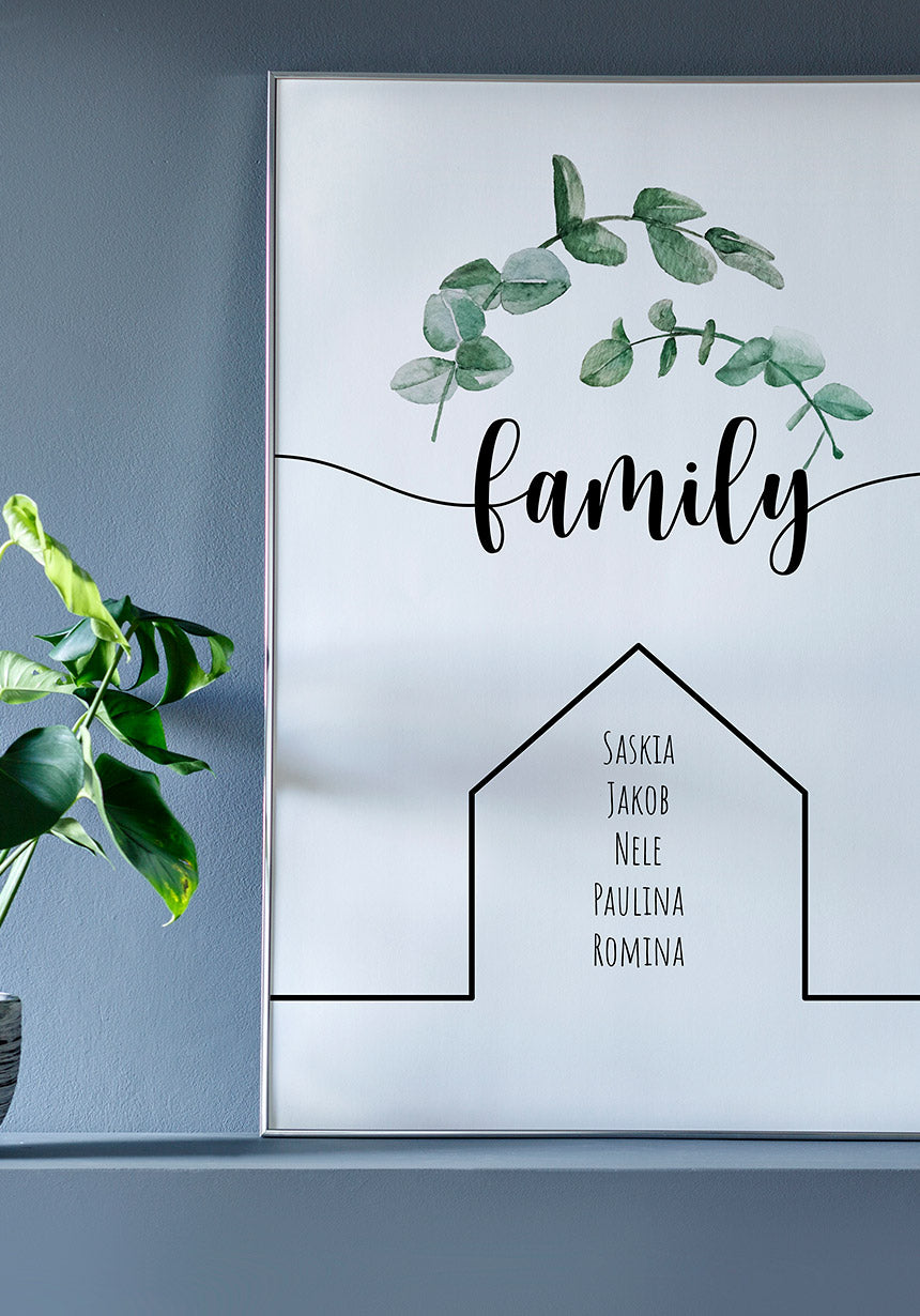 Personalisierbares Familien-Poster mit Eykalpytus vor grauer Wand
