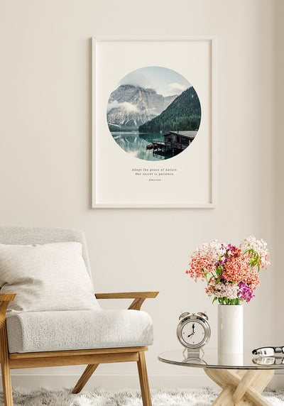 Fotografie Poster Zitat Emerson Adopt the peace of nature im Wohnzimmer