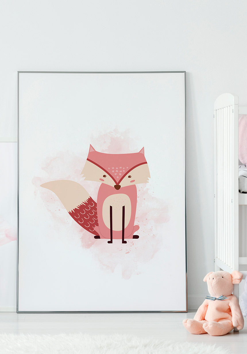 Fuchs Poster Kinderzimmer rosa mit Puppe