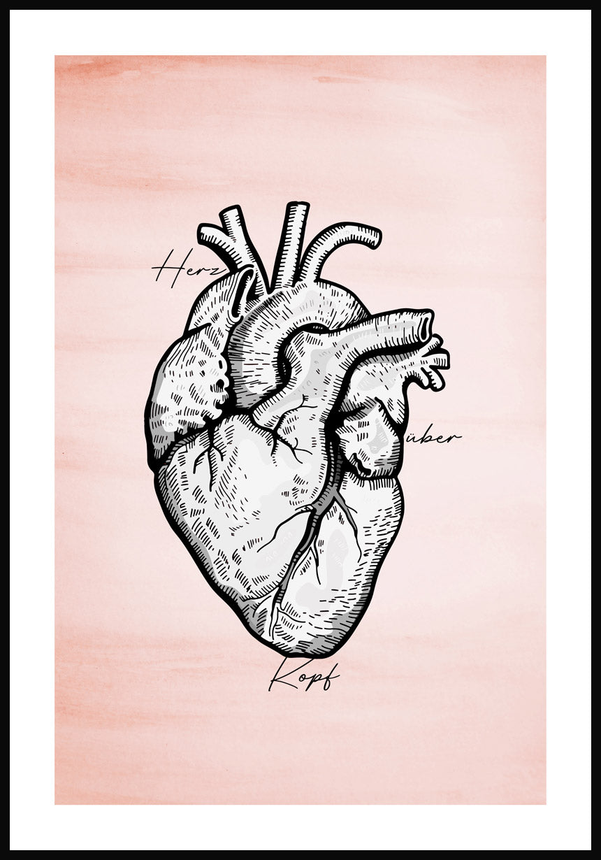 Poster mit Herz Illustration auf pastell rotem Hintergrund