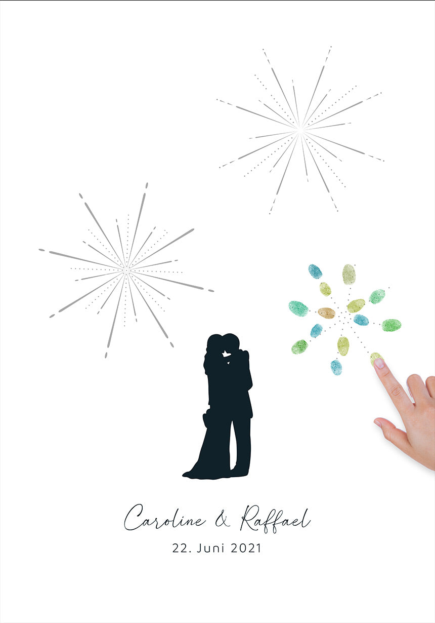 personalisierpares Fingerabdruck Poster Feuerwerk zur Hochzeit mit Abdrücken