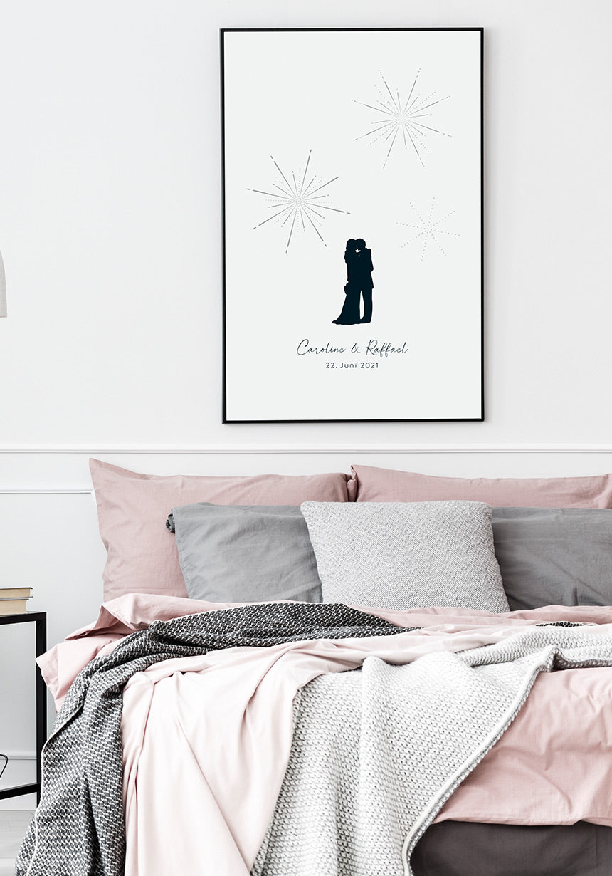 personalisierpares Fingerabdruck Poster Feuerwerk zur Hochzeit im Schlafzimmer