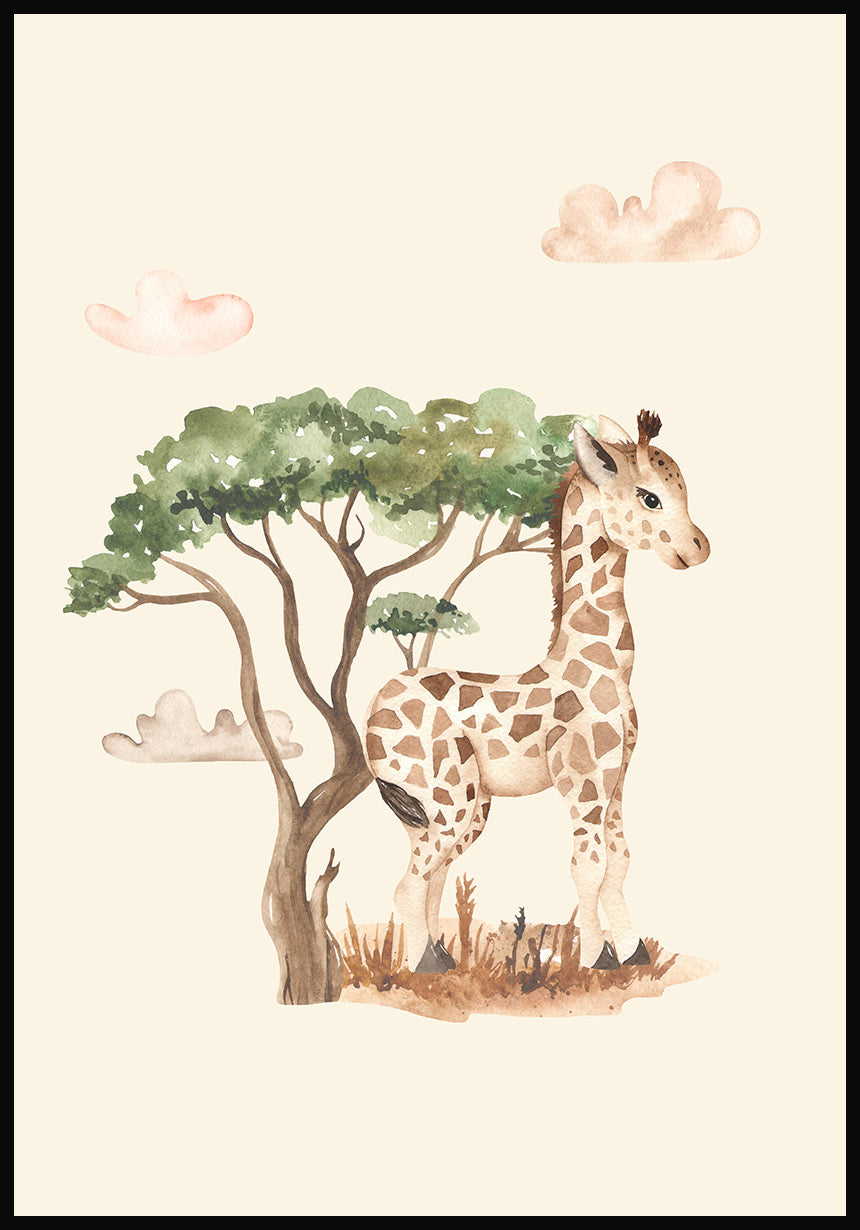 Illustration Kinderposter Baby Giraffe unter einem Baum
