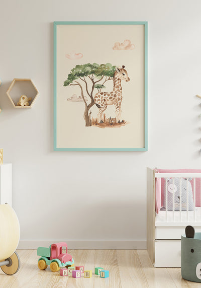 Illustration Kinderposter Baby Giraffe unter einem Baum im Kinderzimmer
