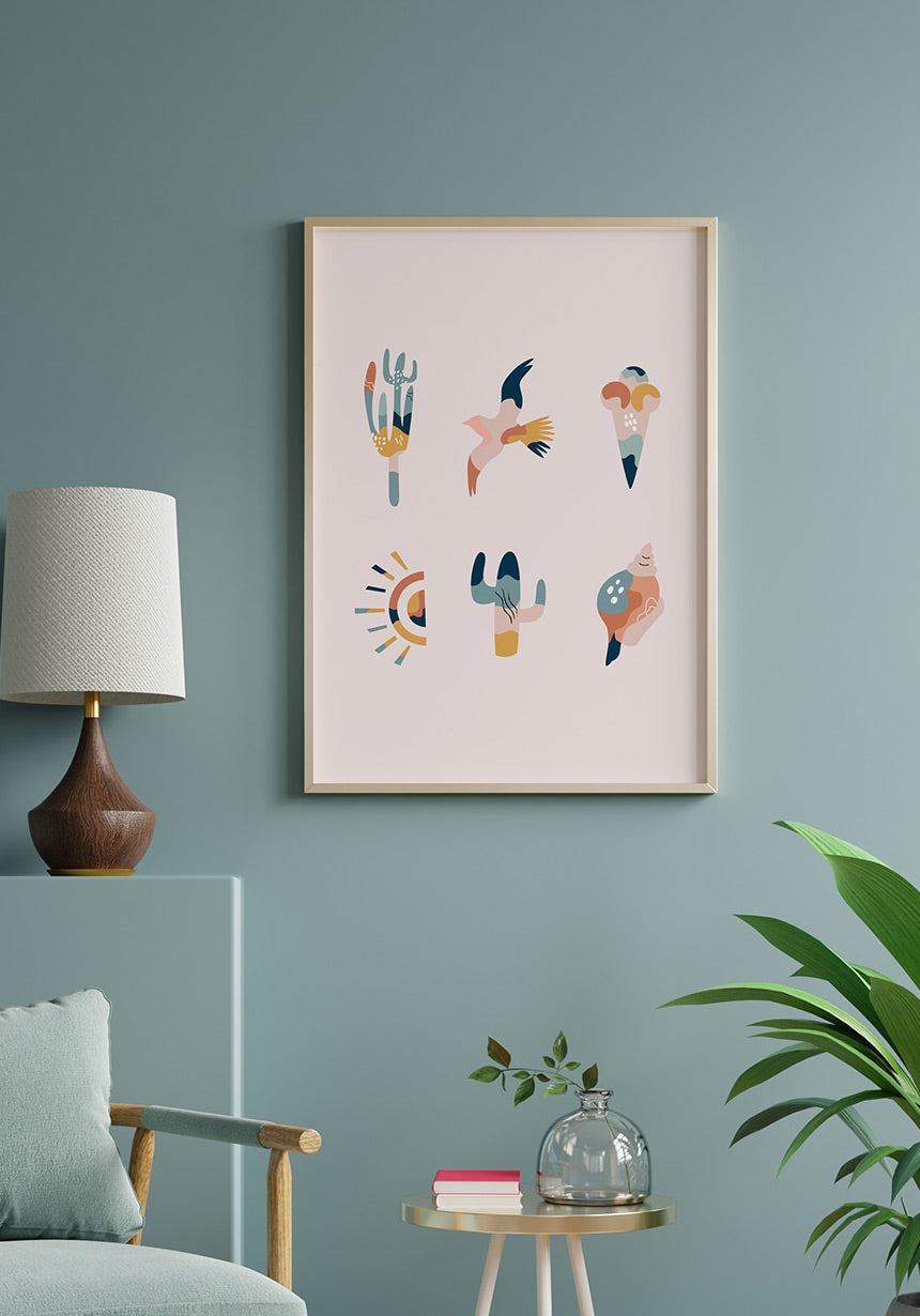 Illustrations Poster Boho Collection Summer Vibes auf blauer Wand