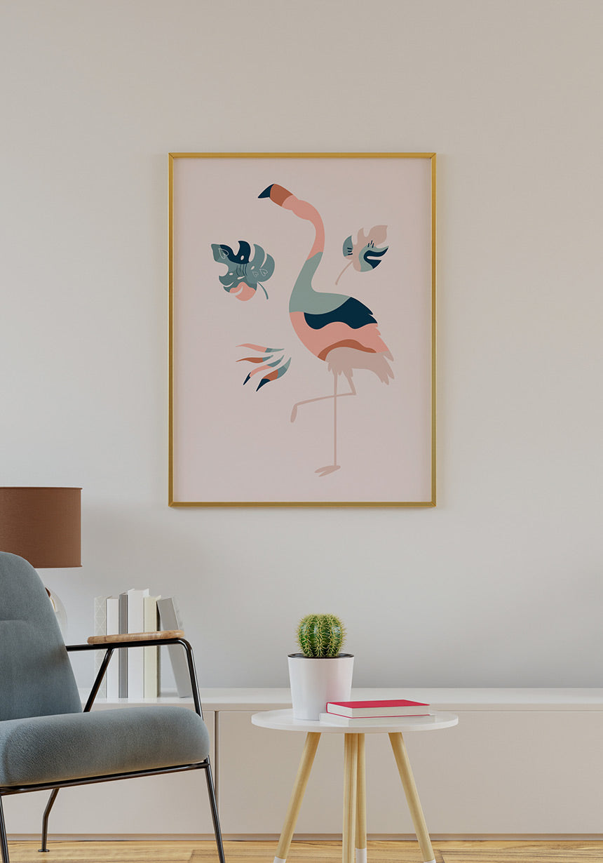 Illustration Poster Boho Flamingo in goldenem Rahmen