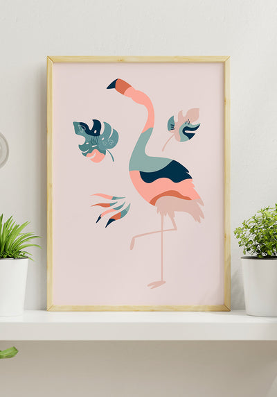 Illustration Poster Boho Flamingo im Holzrahmen