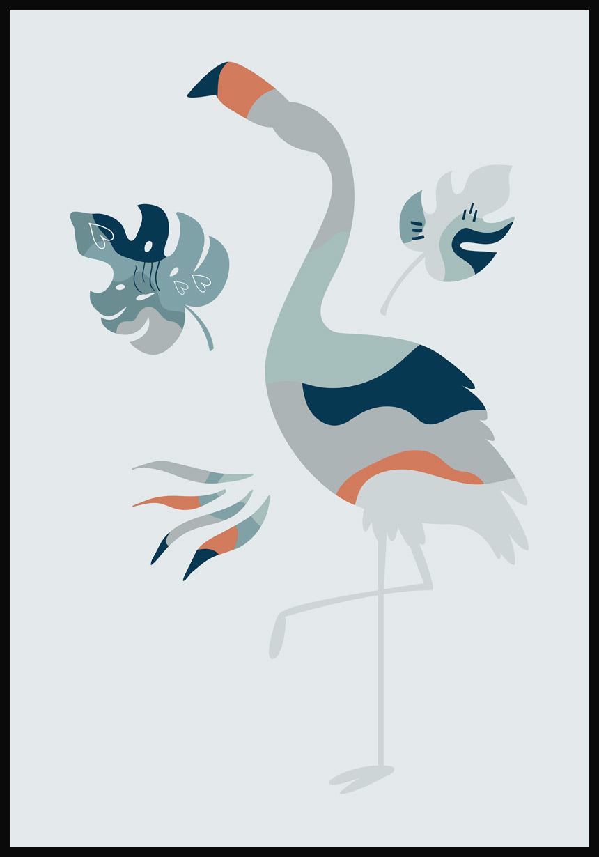 Illustration Poster Boho Flamingo Graublau