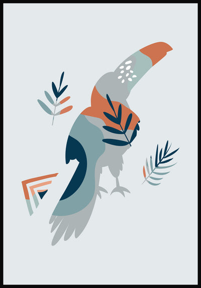 Illustriertes Boho Poster Tukan Vogel graublauer Hintergrund