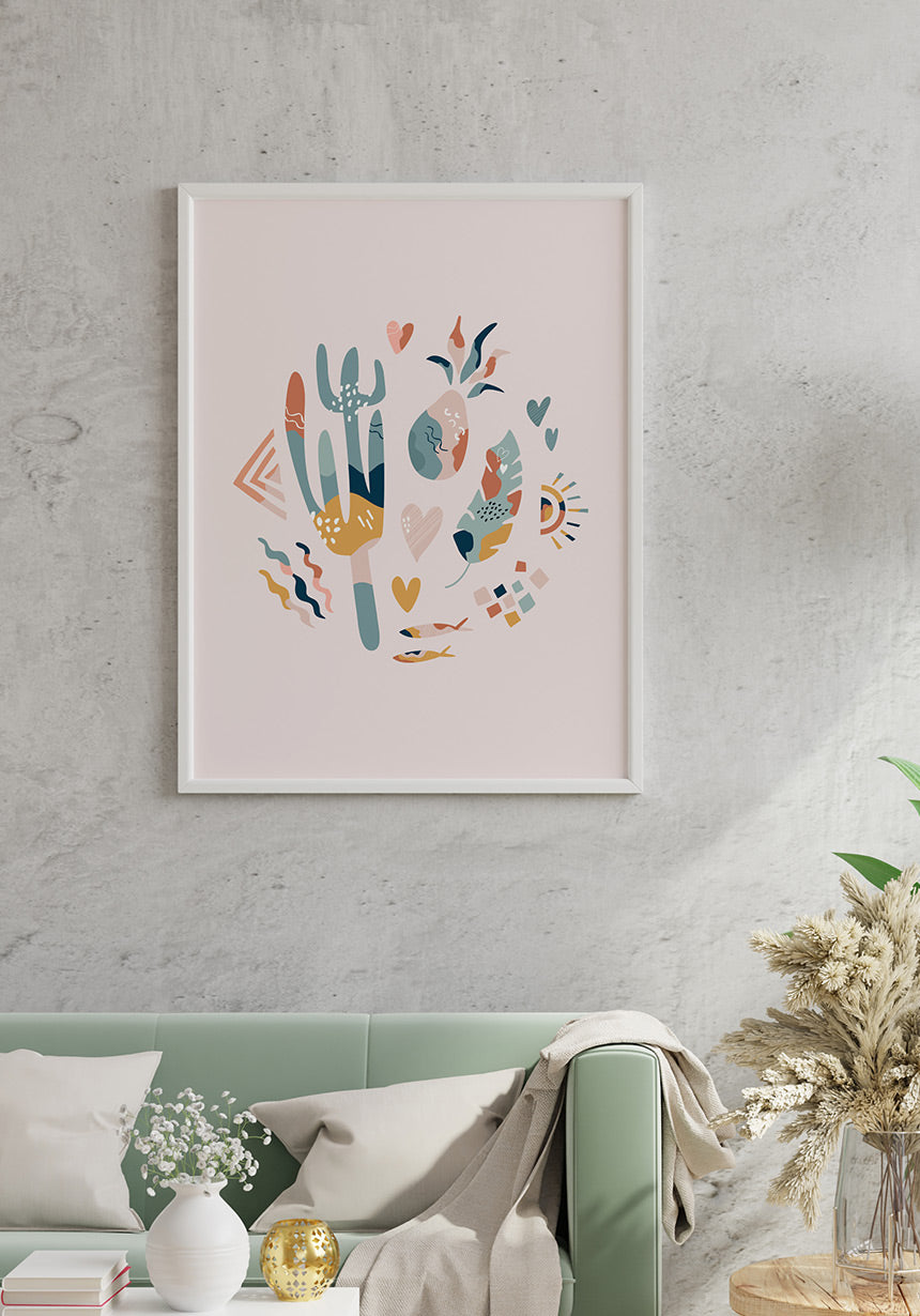 Illustration Poster Boho Kaktus Crew im Wohnzimmer
