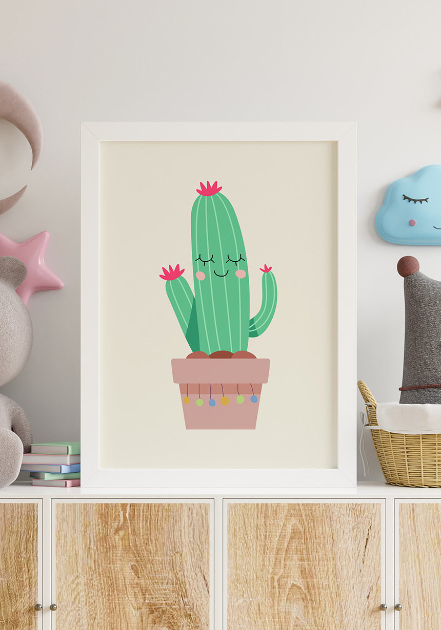 Illustration Poster fröhlicher Kaktus im weißen Rahmen