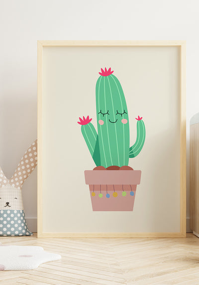 Illustration Poster fröhlicher Kaktus im Holzrahmen