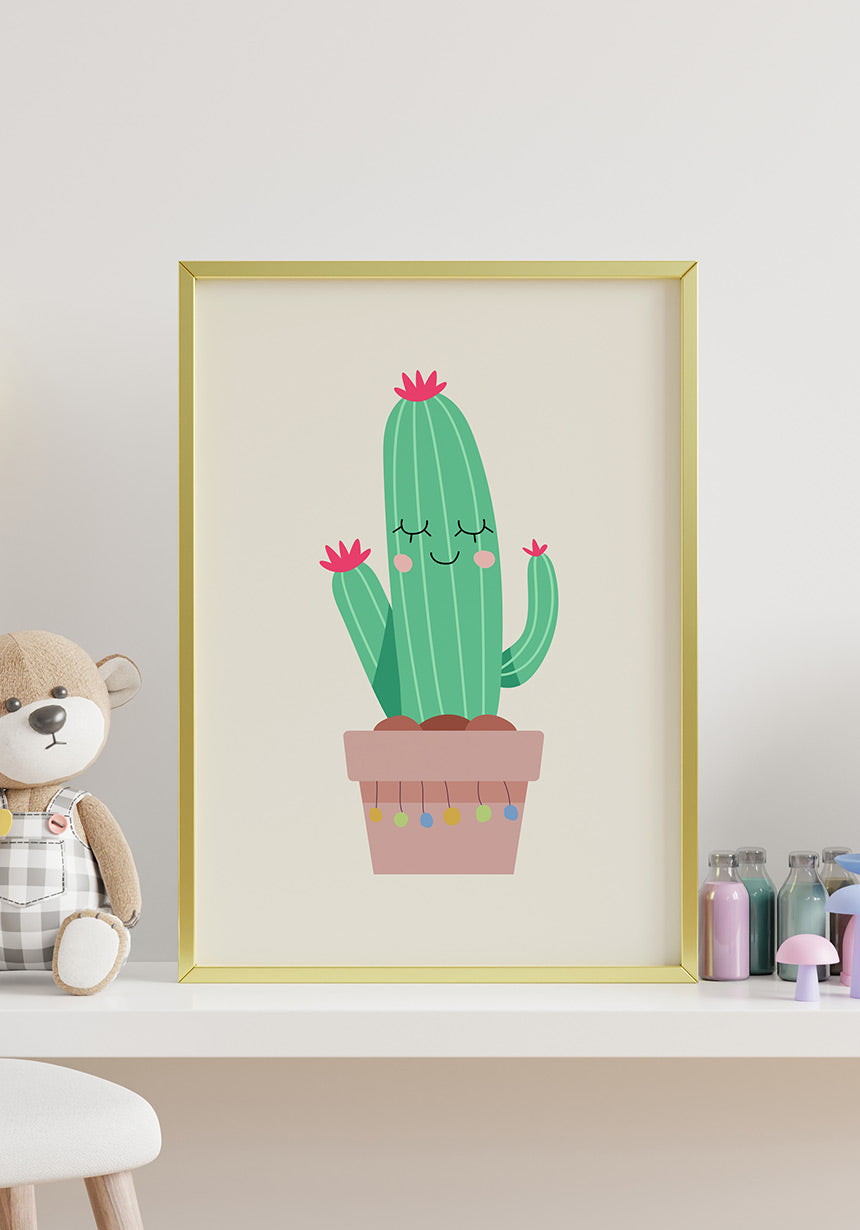 Illustration Poster fröhlicher Kaktus im goldenen Rahmen