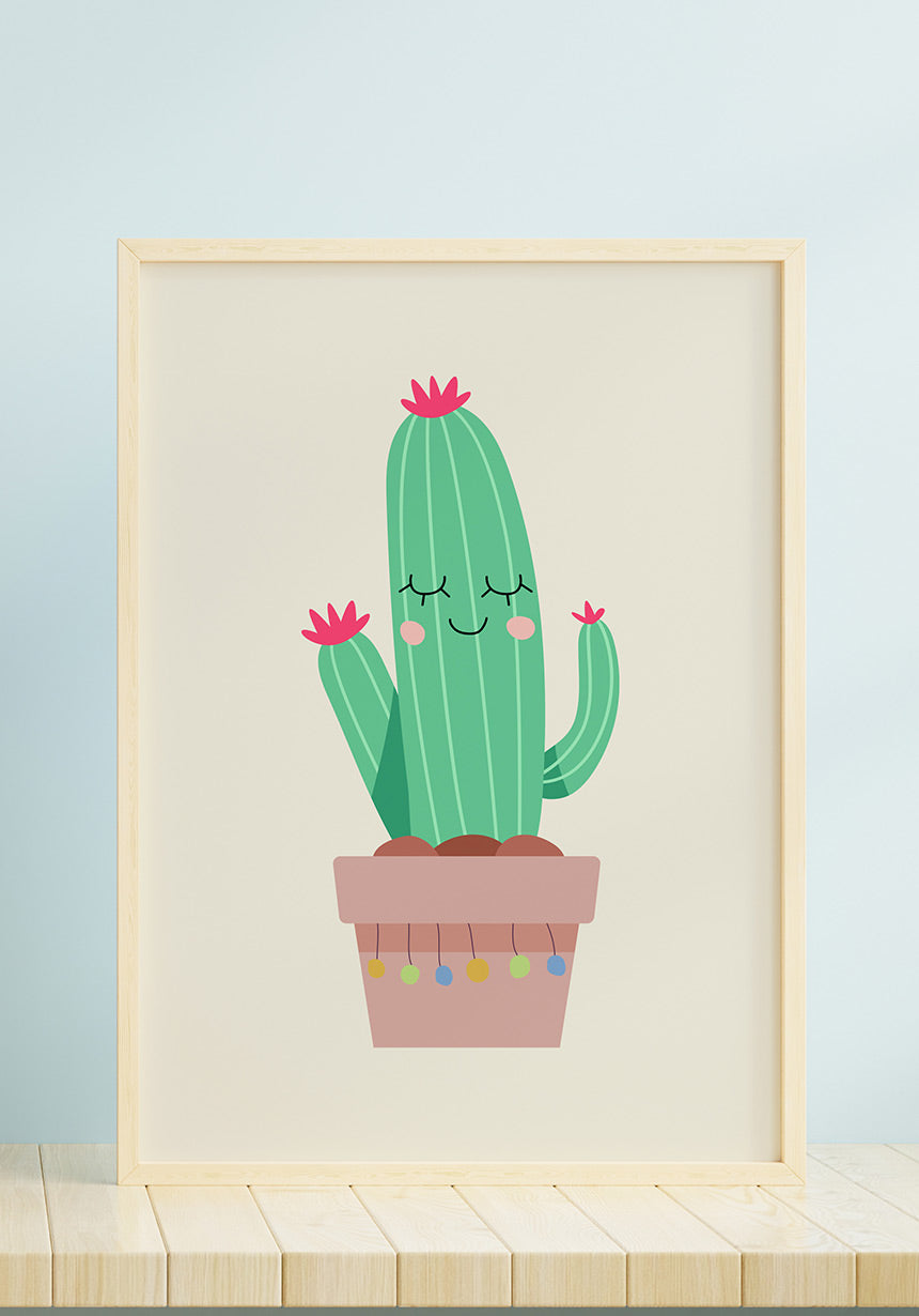 Illustration Poster fröhlicher Kaktus vor hellblauem Hintergrund