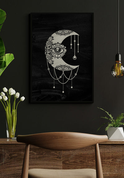 Illustration Poster Mond auf schwarzem Hintergrund im schwarzen Rahmen