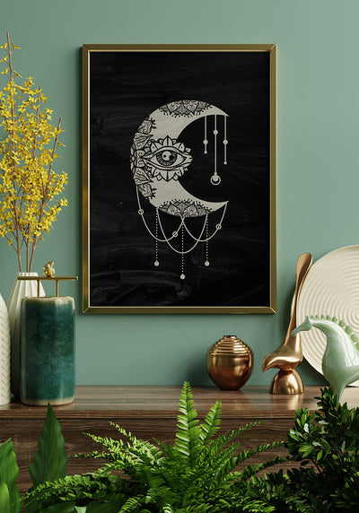 Illustration Poster Mond auf schwarzem Hintergrund im goldenen Rahmen