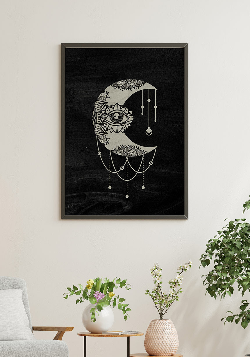 Illustration Poster Mond auf schwarzem Hintergrund an weißer Wand