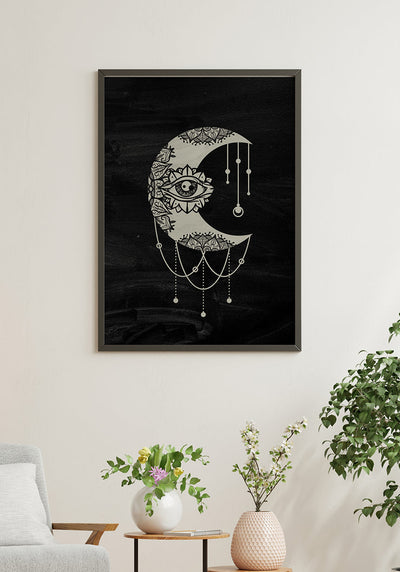 Illustration Poster Mond auf schwarzem Hintergrund an weißer Wand