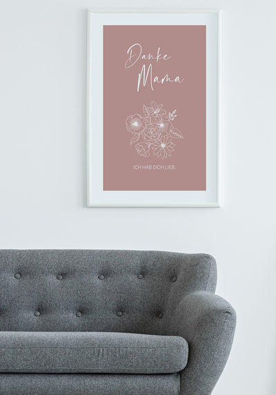 Muttertag Poster danke Mama in rosa über Sofa