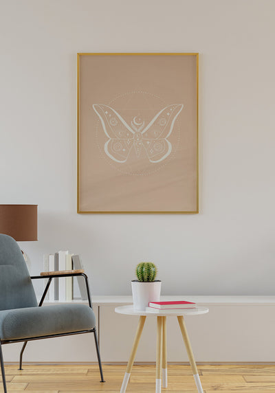 Illustrations Poster Schmetterling im Boho Stil im Golrahmen