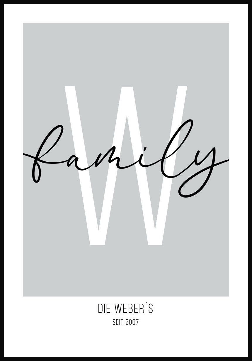 Personalisierbares Familienposter mit Name und Jahr graublauer Hintergrund