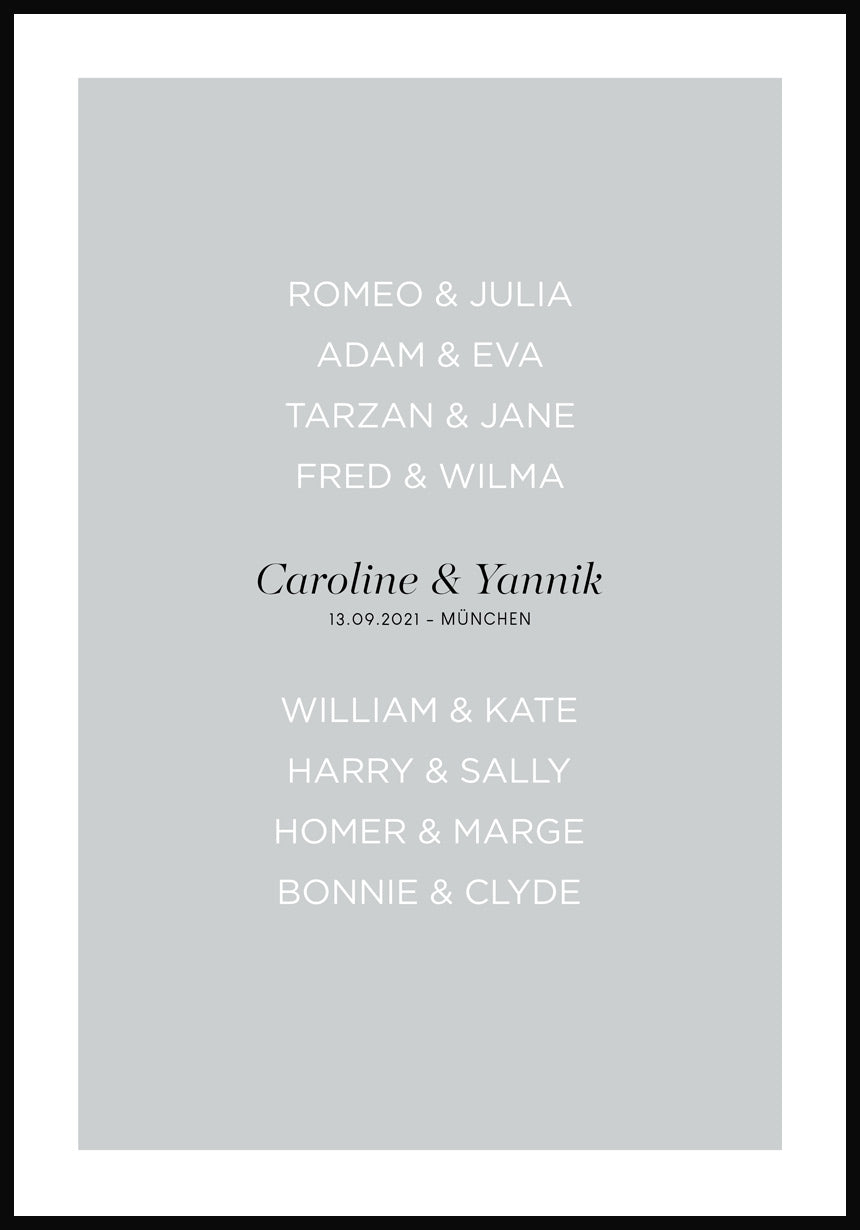 personalisiertes Poster zur Hochzeit mit berühmten Paaren graublauer Hintergrund
