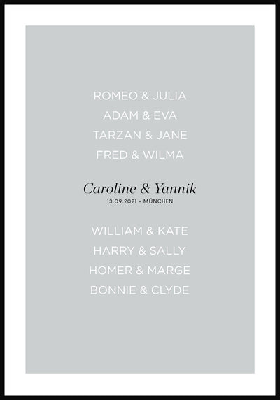 personalisiertes Poster zur Hochzeit mit berühmten Paaren graublauer Hintergrund