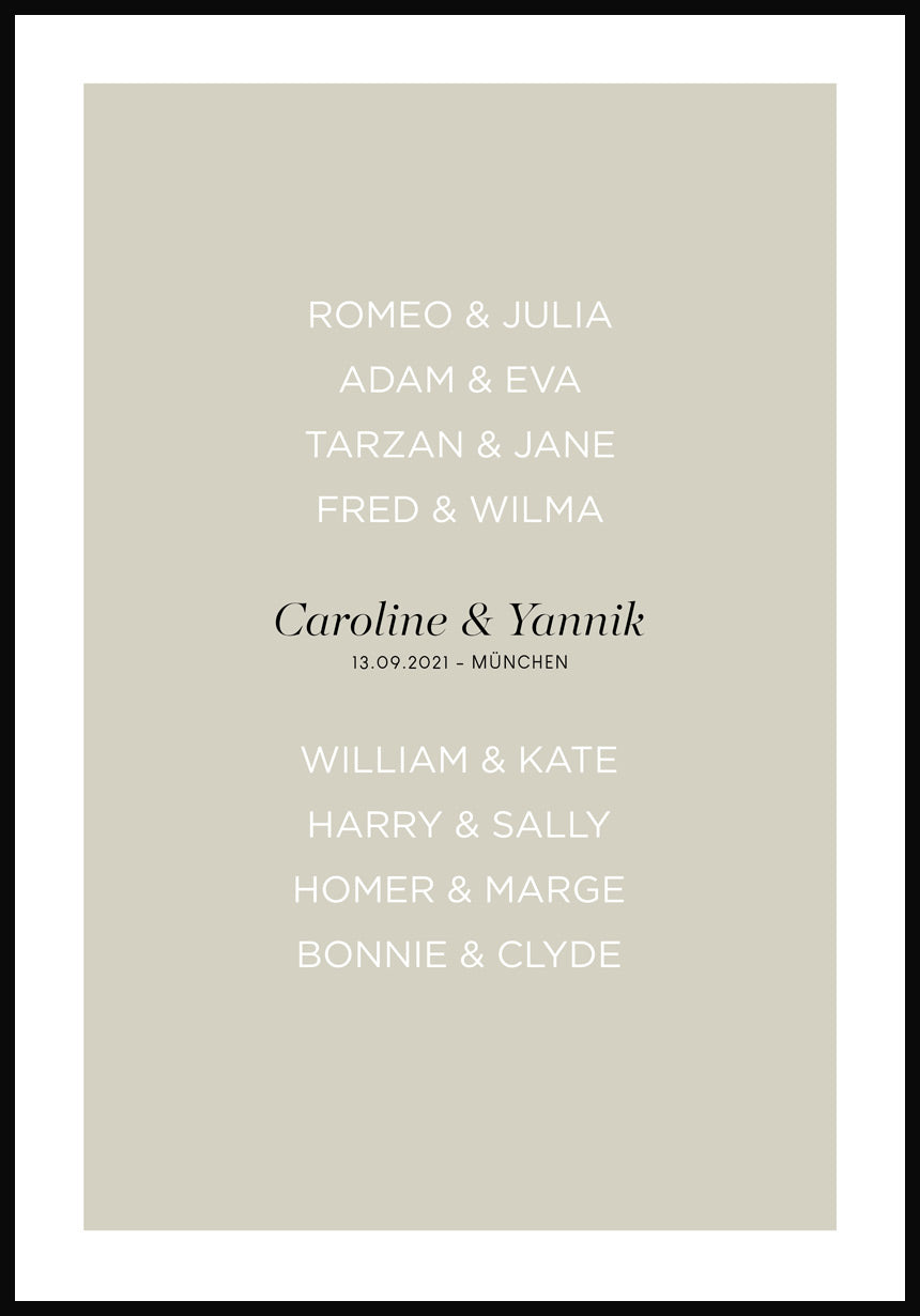 personalisiertes Poster zur Hochzeit mit berühmten Paaren olivgrüner Hintergrund