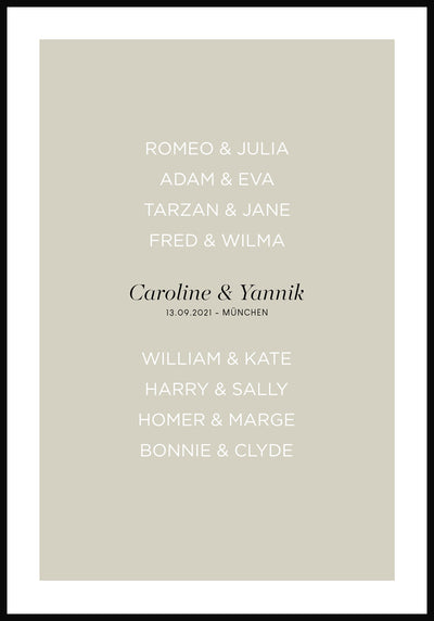 personalisiertes Poster zur Hochzeit mit berühmten Paaren olivgrüner Hintergrund