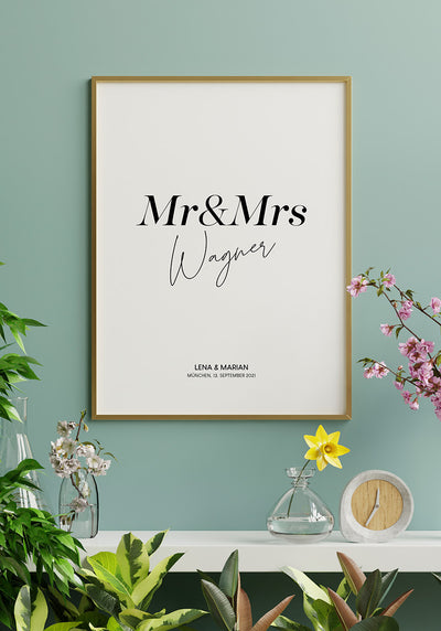 personalisiertes Poster Hochzeit Mr und Mrs im Wohnzimme