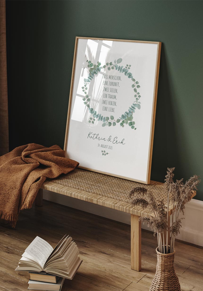 personalisiertes Poster Hochzeit mit Eukalyptus