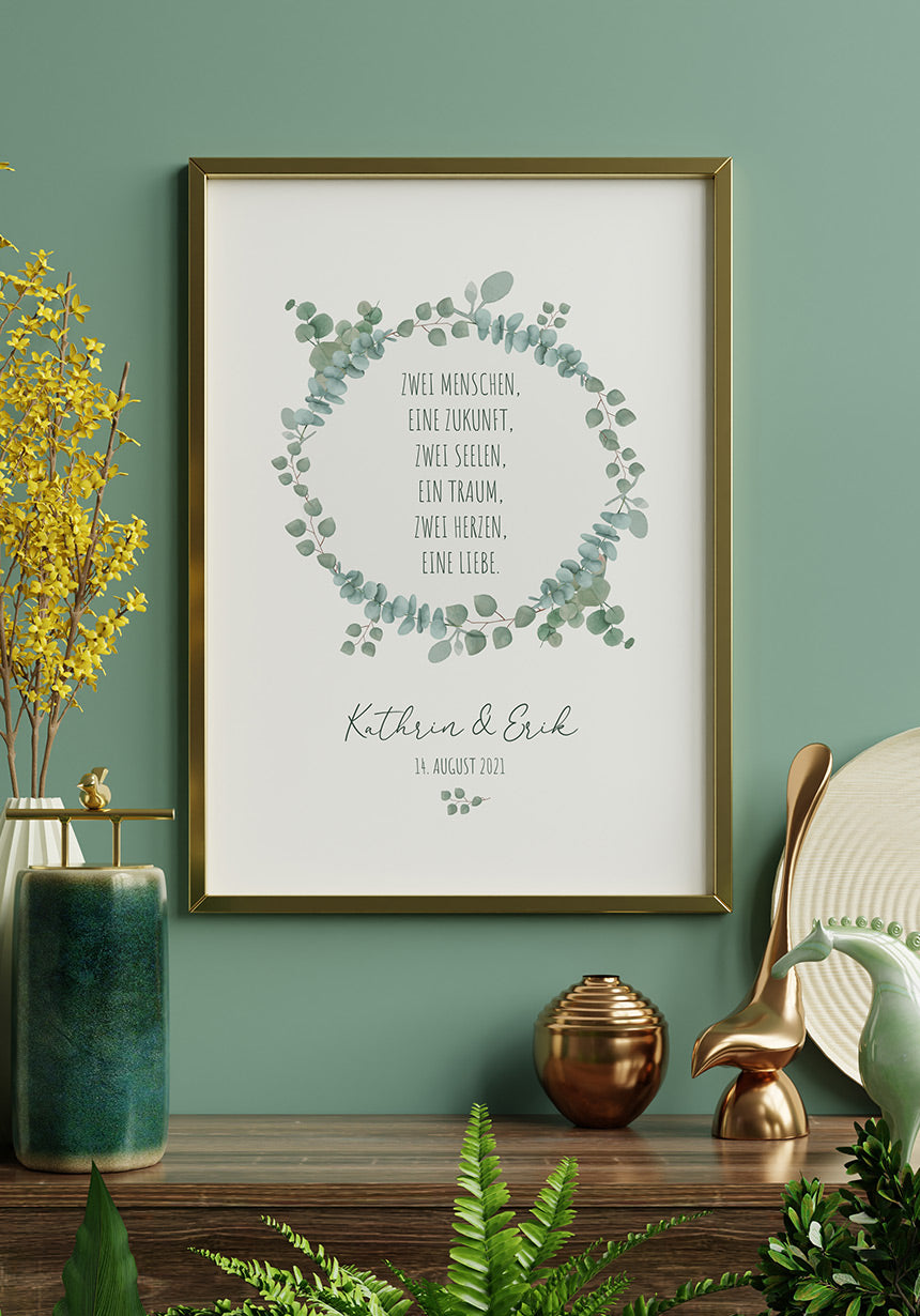 personalisiertes Poster Hochzeit mit Spruch im Eukalyptuskranz im goldenen Rahmen