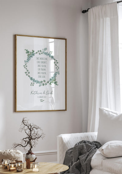 personalisiertes Poster Hochzeit mit Spruch im Eukalyptuskranz als Geschenk