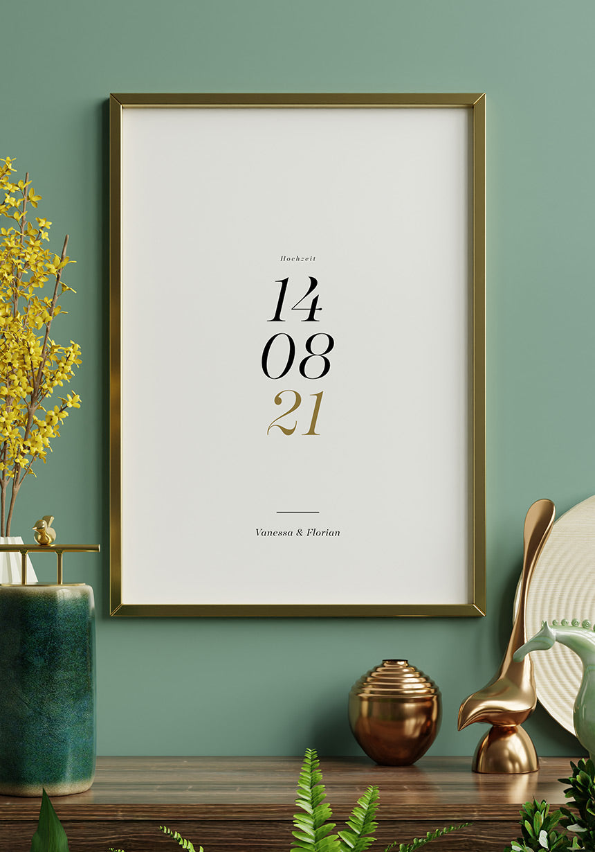 Personalisiertes Poster Hochzeit mit Datum im Goldrahmen