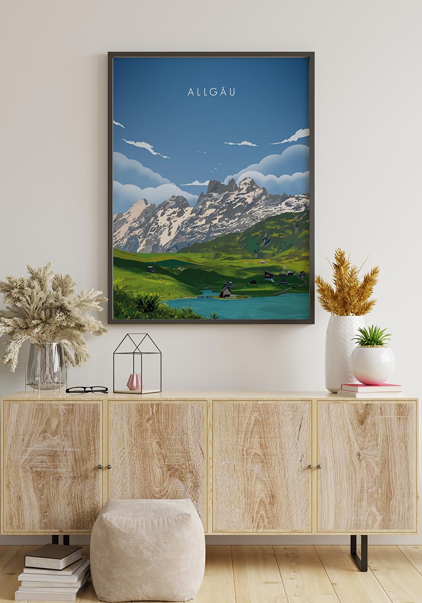 Illustriertes Poster Allgäu mit Bergen schönes Poster