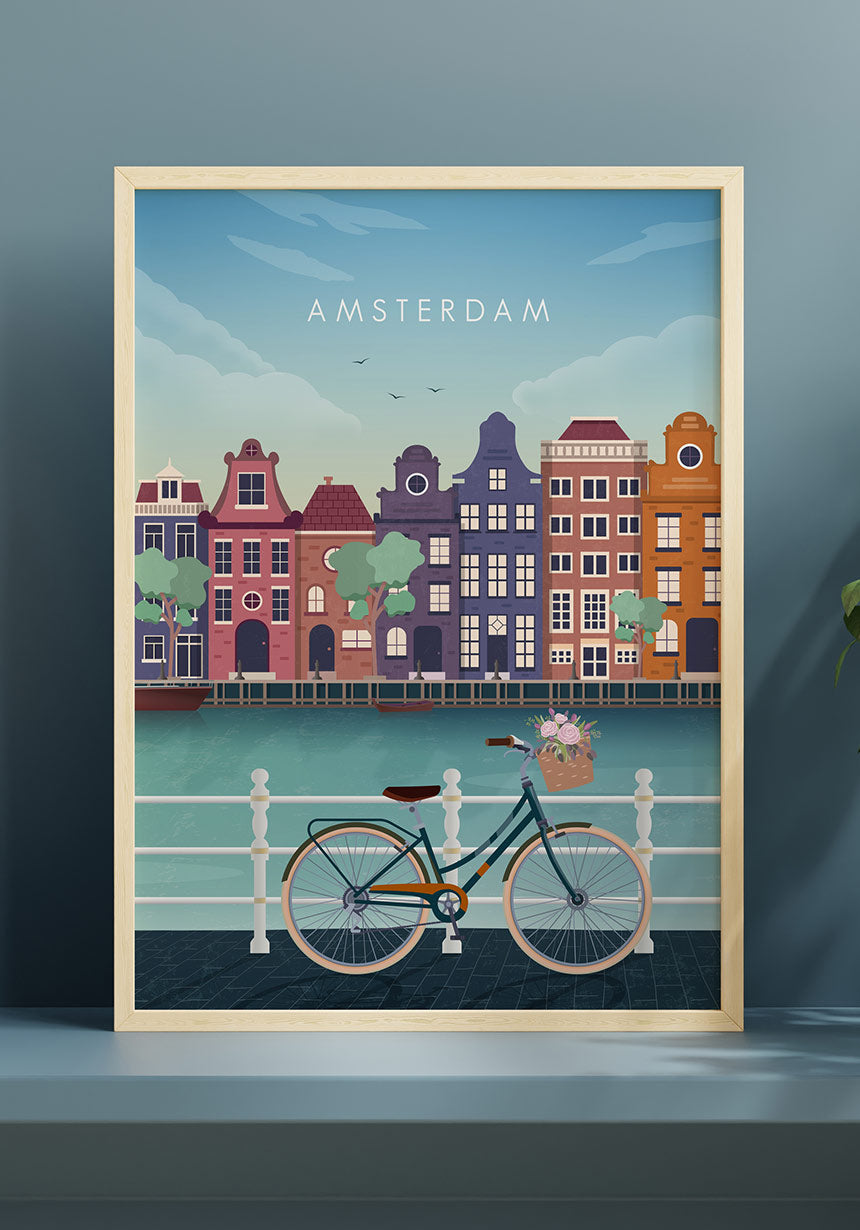 Illustriertes Poster Amsterdam mit Fahrrad