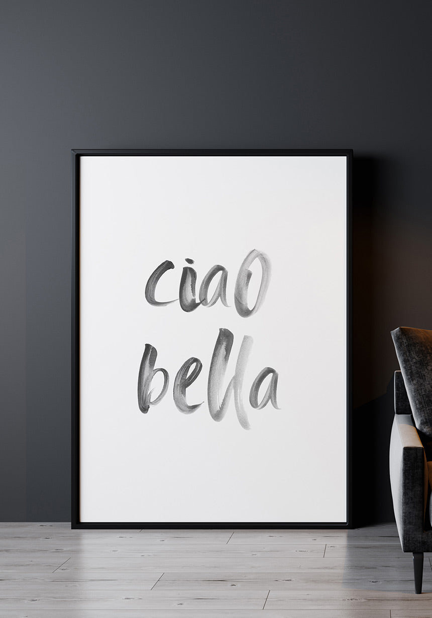 Poster Ciao Bella Typografie Pinsel im schwarzen Rahmen