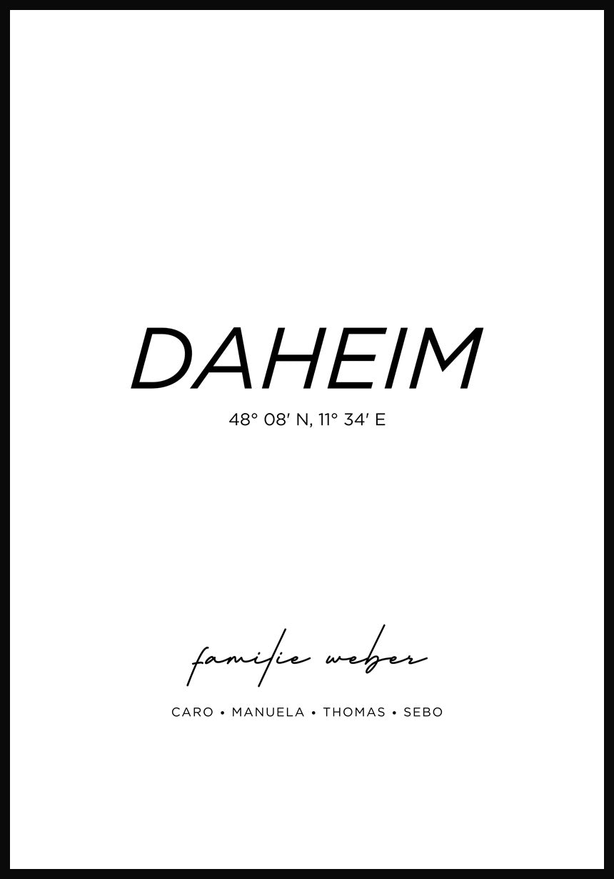 Poster Daheim mit Familiennnamen und Koordinaten