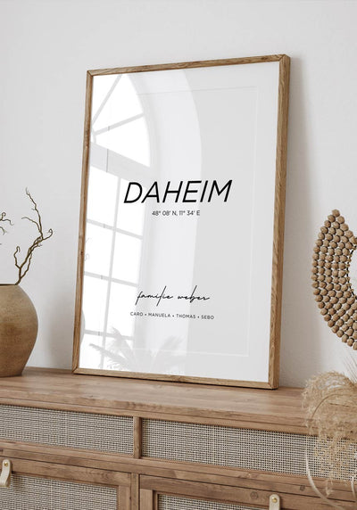 Poster Daheim mit Familiennnamen und Koordinaten für Wohnzimmer