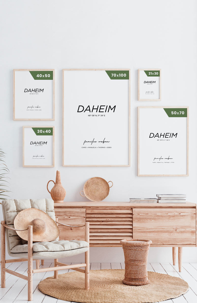 Poster Daheim mit Familiennnamen und Koordinaten Postergrößen