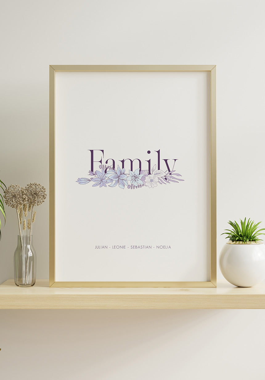 Family personalisierbares Poster mit Blumen Lila