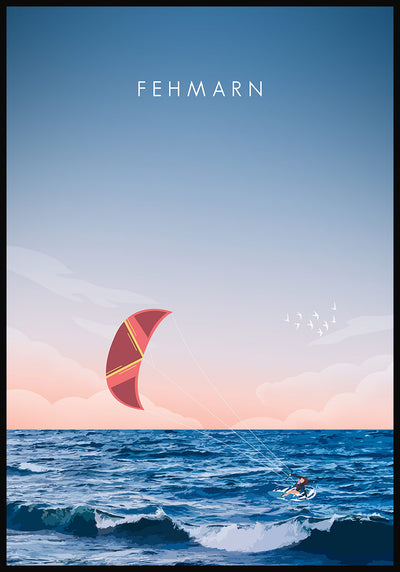 Illustriertes Poster Fehmarn mit Kitesurfer