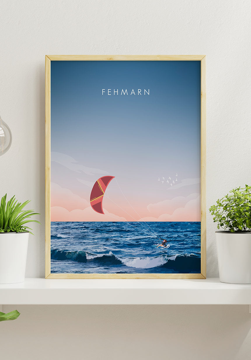Illustriertes Poster Fehmarn mit Kitesurfer im Rahmen