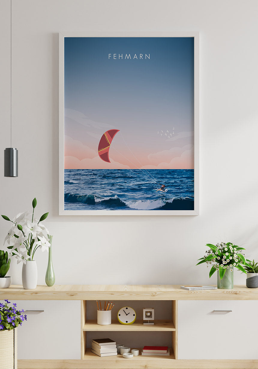 Illustriertes Poster Fehmarn mit Kitesurfer Bilderwand