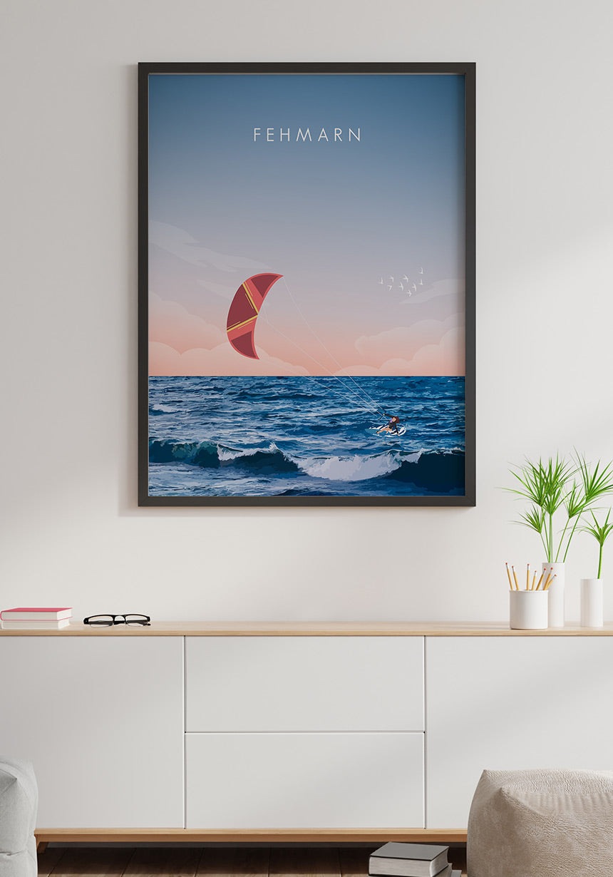 Illustriertes Poster Fehmarn mit Kitesurfer Wohnzimmer