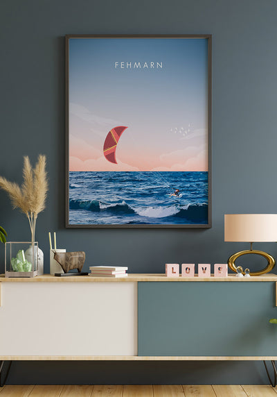 Illustriertes Poster Fehmarn mit Kitesurfer als geschenk